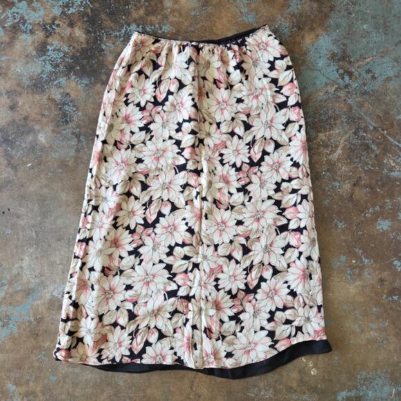 Vintage 90s Silk Floral Midi Skirt Size L 12P Pink Black Layered Grunge Whimsy - Picture 6 of 6